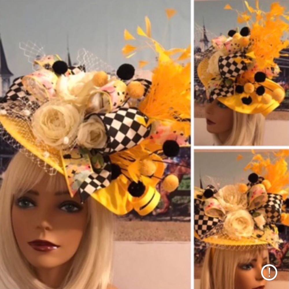 Bold Yellow Floral Harlequin patterned KY Derby Racing Fascinator Hat for Women